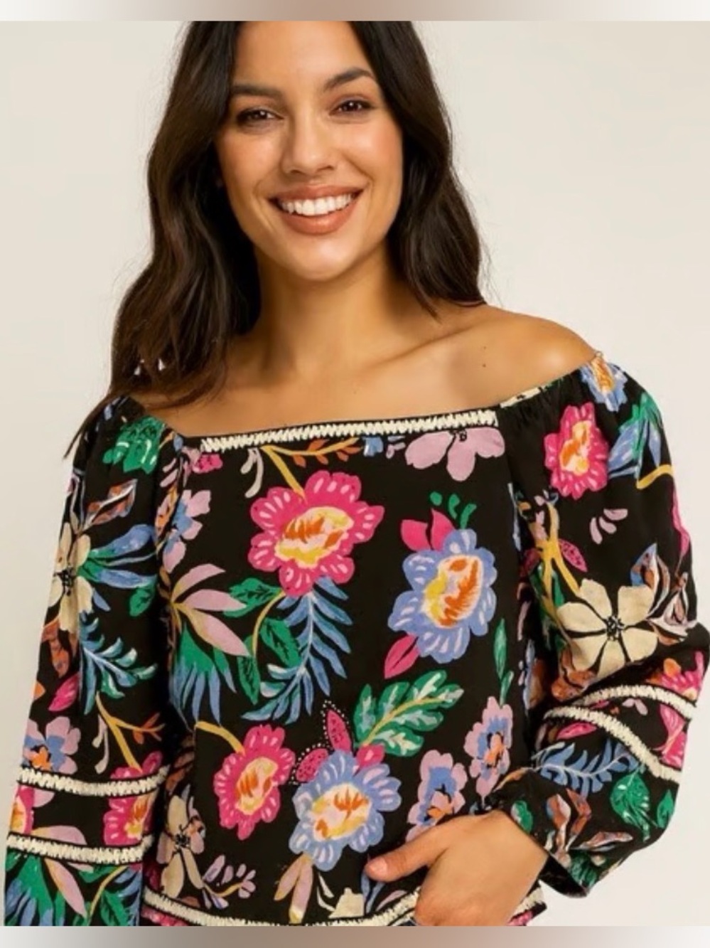 C&C California Black Floral 100% Linen Crop Top Women Medium Tropical Vacation